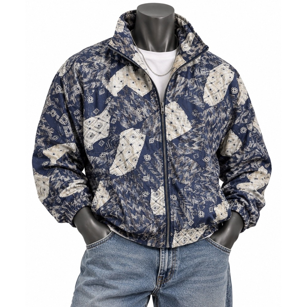 EVR Vintage 100% Silk Geometric Print Bomber Jacket Navy Blue Mens Large